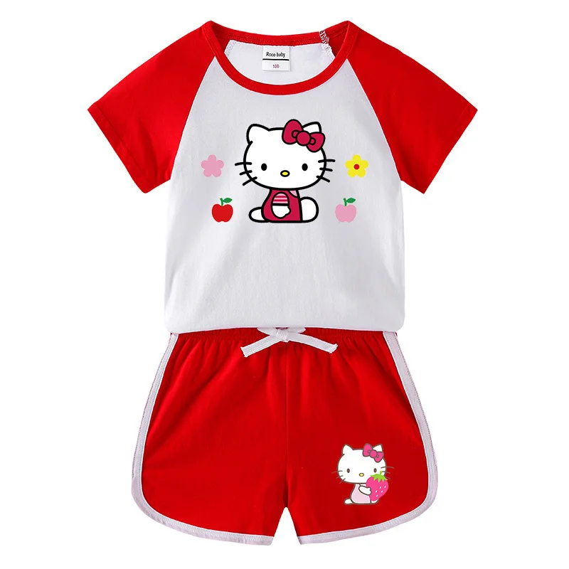thumbnail image 1 of Hello Kitty-Conjunto de Top cómodo de algodón para bebé, pantalones calientes de moda para niña, ropa de dos piezas de manga corta con dibujos animados bonitos, 1 of 4