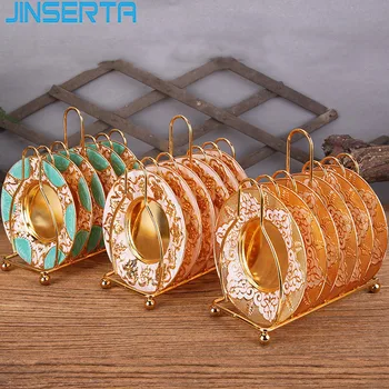 

JINSERTA 6PCS Metal Serving Tray Dessert Fruit Cake Snack Plate Luxury Tea Coffee Tray Desktop Non-slip Insulation Pad