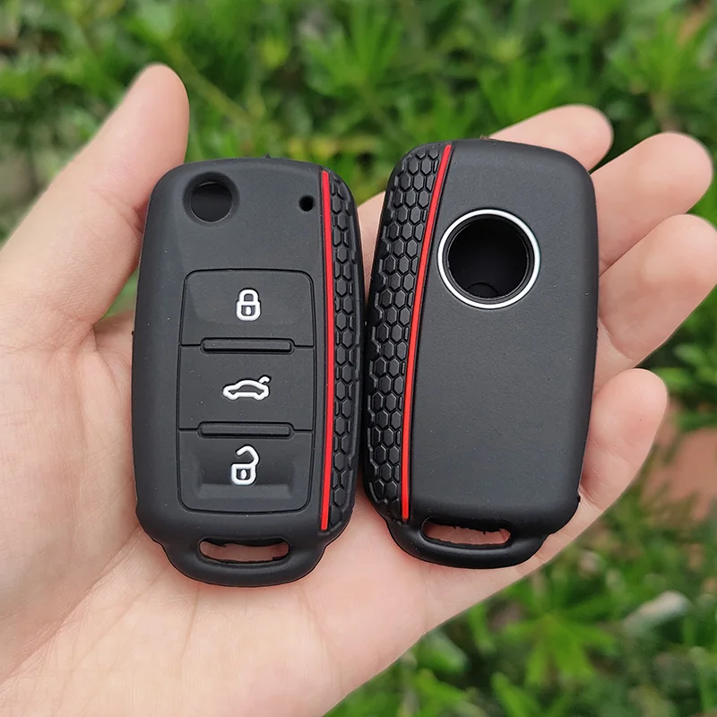 Car Key Shell Flip Key Fob Shell Rubber Car Products Key Fob Protect Skin Cover Case Shell VW Volkswagen Virtus Flip Remote keychain Holder Accessories