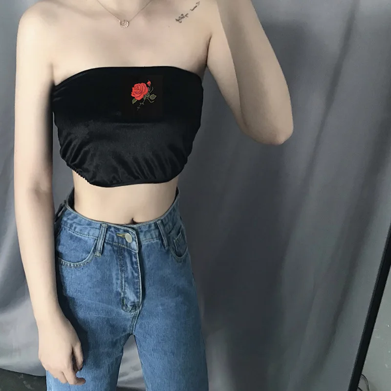 ArtSu женский черный укороченный топ, сексуальные топы-трубы, Cami Rose вышивка с открытыми плечами, без бретелек, без спинки, жилет, топ, уличная одежда ASVE20809