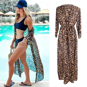 

European and American New Leopard Point Chiffon Loose Long Cardigan Beach Sun Jacket Bikini Blouse Swimwear