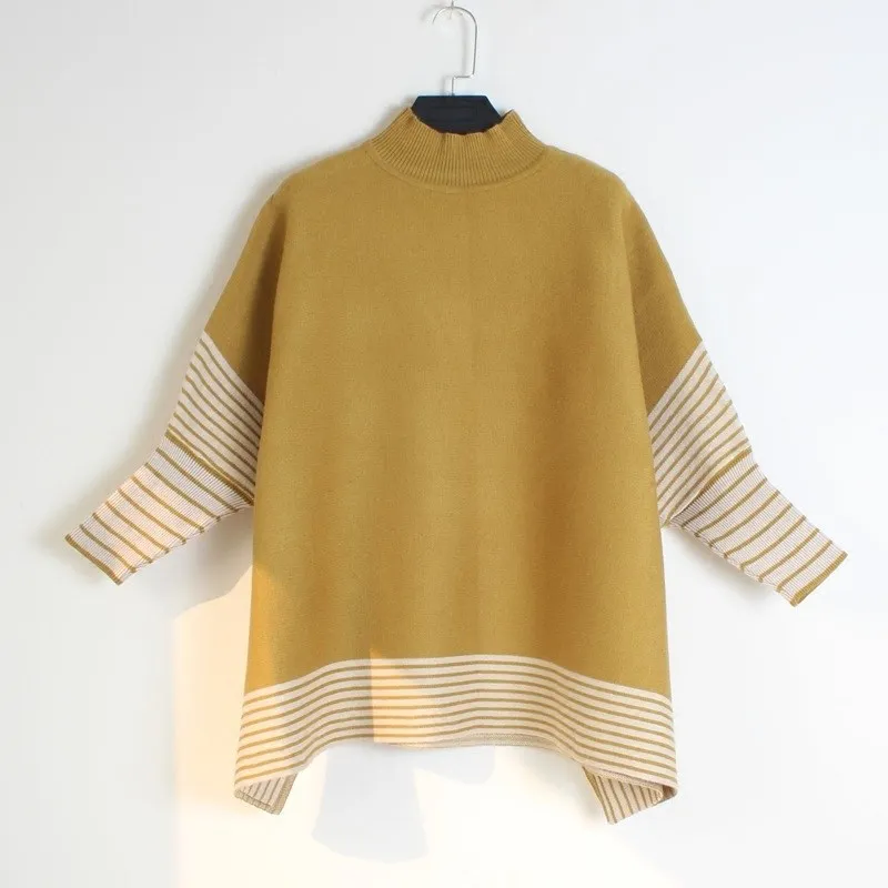 

Fall Womwn Batwing Sleeve Sweater Turtleneck Casual Loose Cloaks Vintage Striped Knitting Sweater