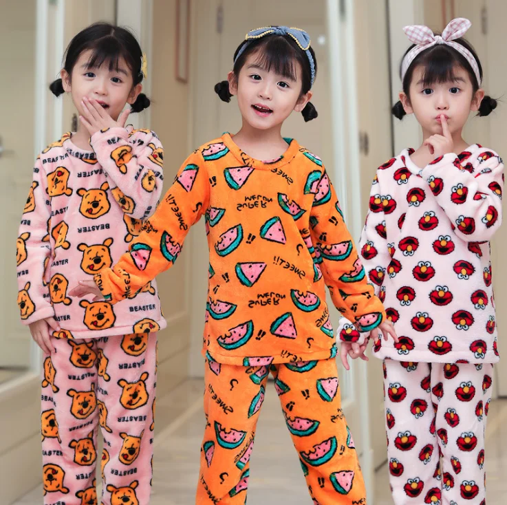 

3-14 Yrs Girls Boys Winter Warm Pajamas Kids Long Sleeve Nightwear Set Flannel Tops Pants Cartoon Bear Soft Thicken Pyjamas