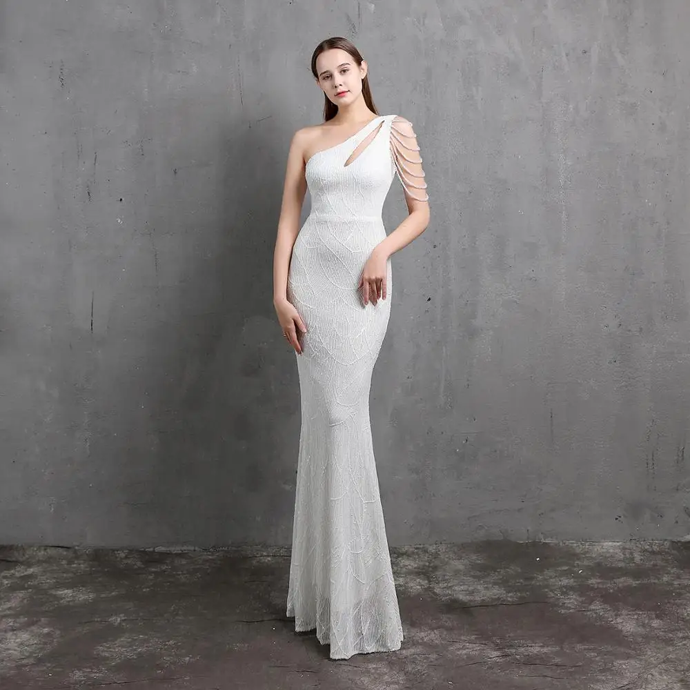 

Asymmetrical Neck Crystal Beaded One Shoulder Sleeveless Mermaid White Elegant Women Dress For Party Celebrity Nightclub Dresses