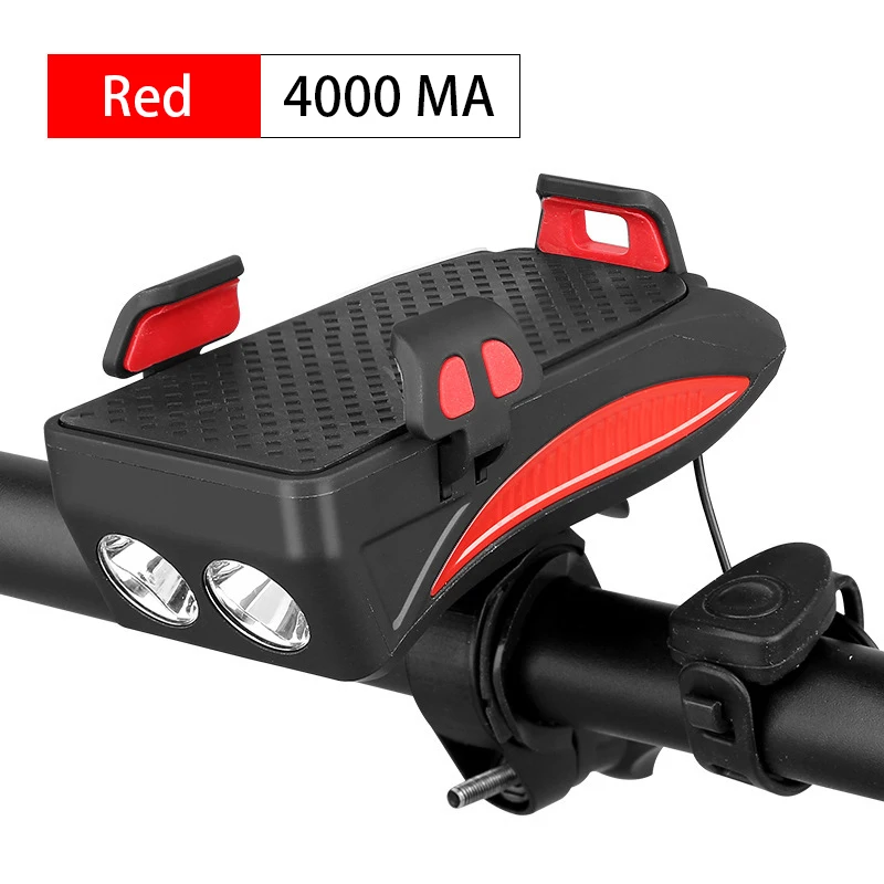 Red 4 in 1 Bicycle Power Bank Flashlight Front Light USB Rechargeable Phone Holder Bell Riding Bike Headlight with Cycling Horn - Цвет: Red