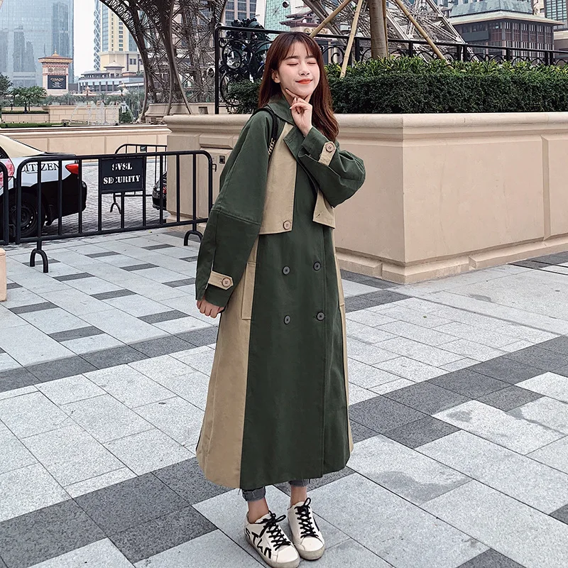 

2019Trench coat oversize long trench korean trench coat for women contrast color double-breasted autumn new loose coat