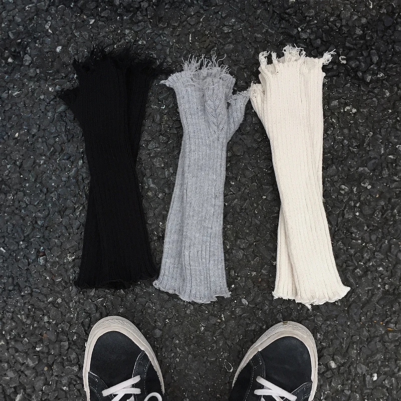 Black Gray Beige Tattered Punk Unisex Fingerless Cuff Knit Gloves Women Men Elbow Length Mittens Broken Cool Stretch Arm Warmer