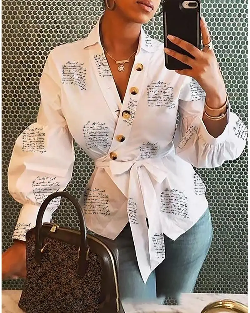 

Office Lady Autumn Letters Printed Long Sleeeves Shirts Lantern Sleeve Buttoned Surplice Wrap Blouse Tops for Women
