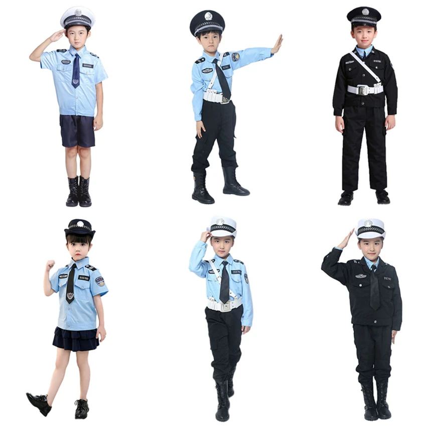 Kaufen 6 farbe Polizisten Cosplay Kostüme für Jungen Mädchen Karneval Halloween Kinder Polizei Uniform Kinder Verkehrs Armee Party Kleidung Set