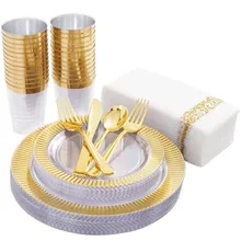 Vajilla desechable de plástico para cena, plato de ensalada, taza, vajilla de plata, juego de servilletas, suministros para fiesta de boda, color dorado, rosa y dorado, 85 Uds.