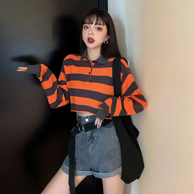 

New Autumn Women Casual Striped T-Shirt Lapel Long Sleeved T shirt Loose Hip Hop Streetwear Female Short Tee Clothing