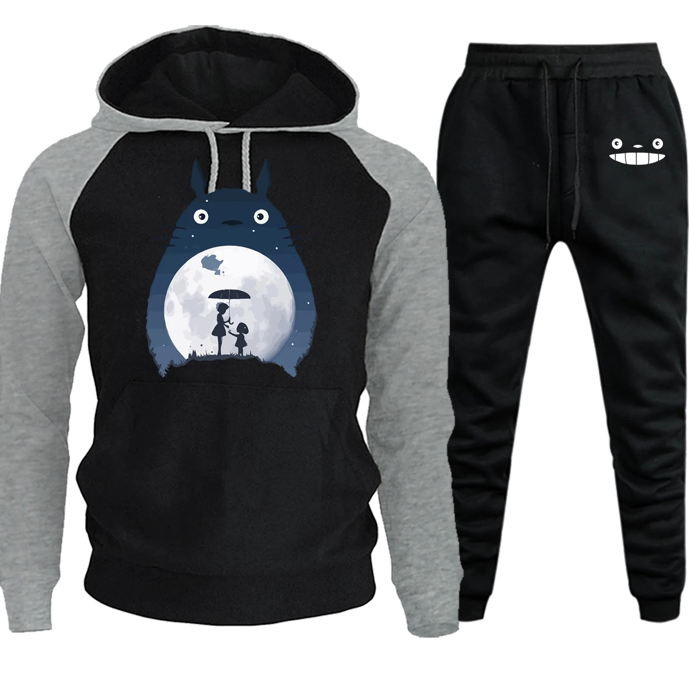 Totoro мультяшный принт уличная Мужская реглан с капюшоном Осень Зима костюм японского аниме Мужская мода толстовка+ брюки комплект из 2 предметов