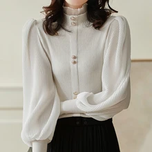 

Autumn Elegant Chiffon Patchwork Turtleneck Button Sweater Women 2022 Winter New Korean Knitted Top Long Sleeve Pullovers Female