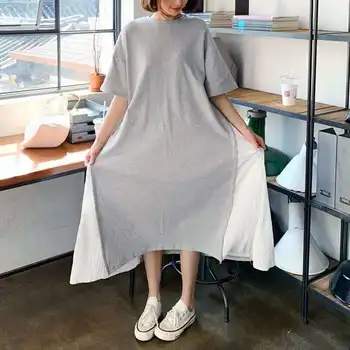 

SuperAen Plus-sized Cotton T-shirt Dress Student Short Mid Calf Patchwork Dress Chiffon Pleated Draped O Neck Dresses Fashion