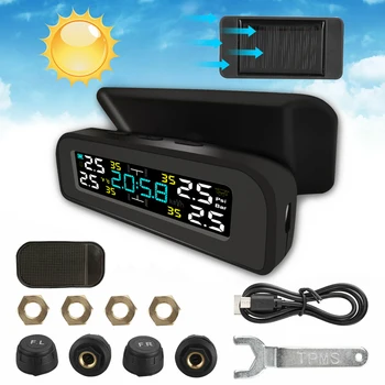 

Wireless Solar TPMS Car Windshield Tire Pressure Monitor Alarm System LCD Color Sn with 4 External Sensors