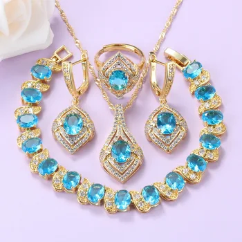 

Morrocan Jewelry Sets With Sky Blue Cubic Zirconia Wedding-Party Fashion Gold-Plated Bridal Costume Gift Set For Women In A Box