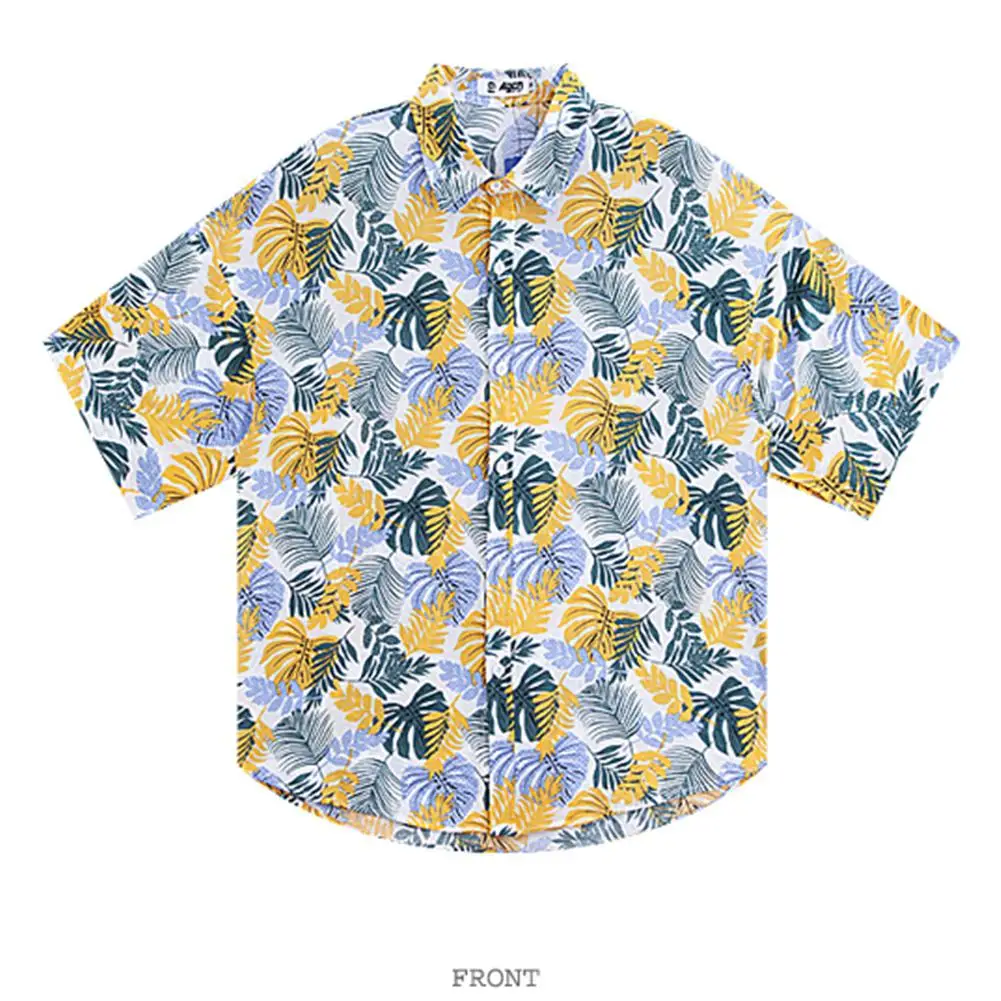 

Yfashion Women Men Leisure Shirt Personality Yellow Floral Printing Short Sleeve Retro Hawaii Beach Shirt Top Summer