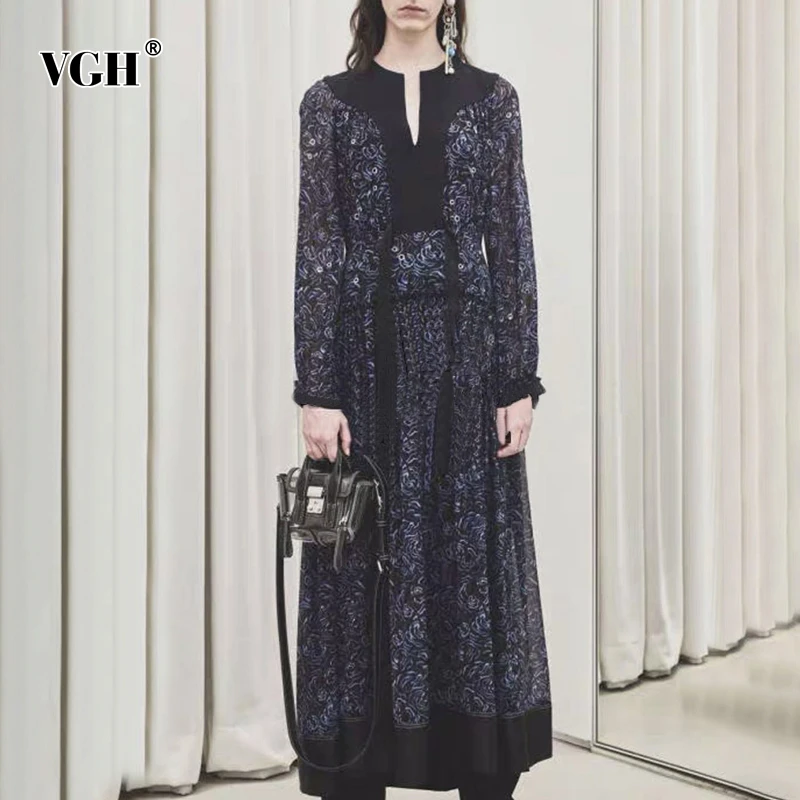

VGH Autumn Print A Line The Dress For Women Long Sleeve V Neck High Waist Sashes Dresses Female 2019 Fashion New Clothes Korean
