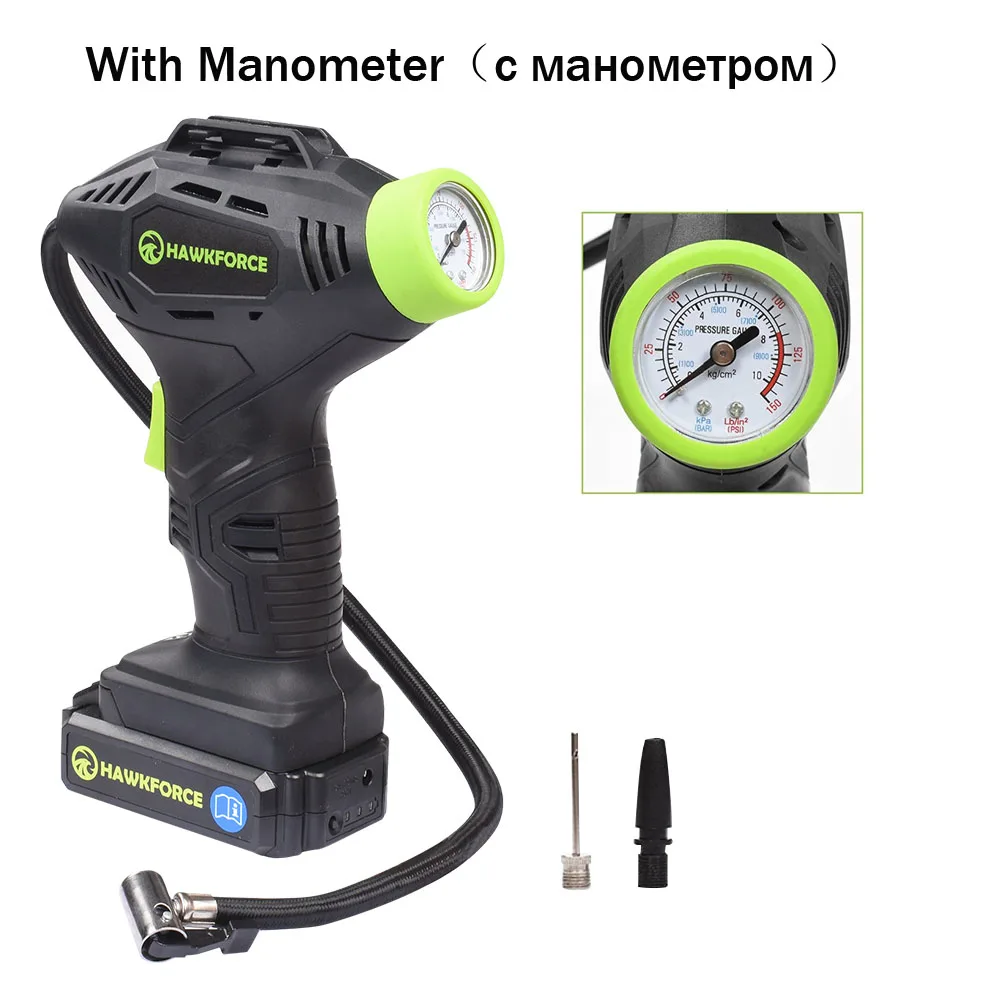 Manometer A HAWKFORCE 18 в перезаряжаемый воздушный компрессор, беспроводной шиномонтажный портативный насос, светодиодный светильник с манометром/шариковой иглой/игрушечным соплом - Цвет: Manometer A