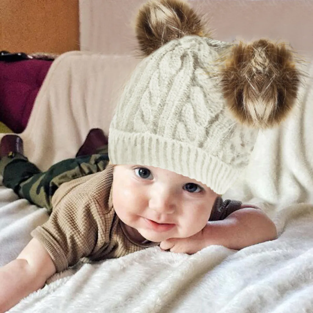 Baby's Hat Banie Two Big Hiarballs Toddler Infant Double Ball Children's Wool Baby Knitted Cap Elasticity #66 | Детская одежда