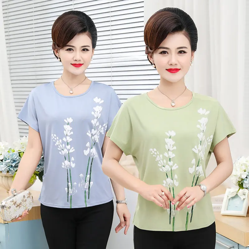 

2019 summer dress new style foreign air mother imitation silk short-sleeved coat large size loose middle-aged and old wome
