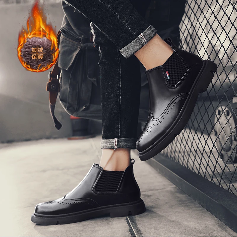 Осенне-зимние кожаные ботинки для мужчин; коричневые ботинки в британском ретро-стиле; брендовые Дизайнерские мужские ботинки «Челси»; модная обувь с мехом; ботинки-броги