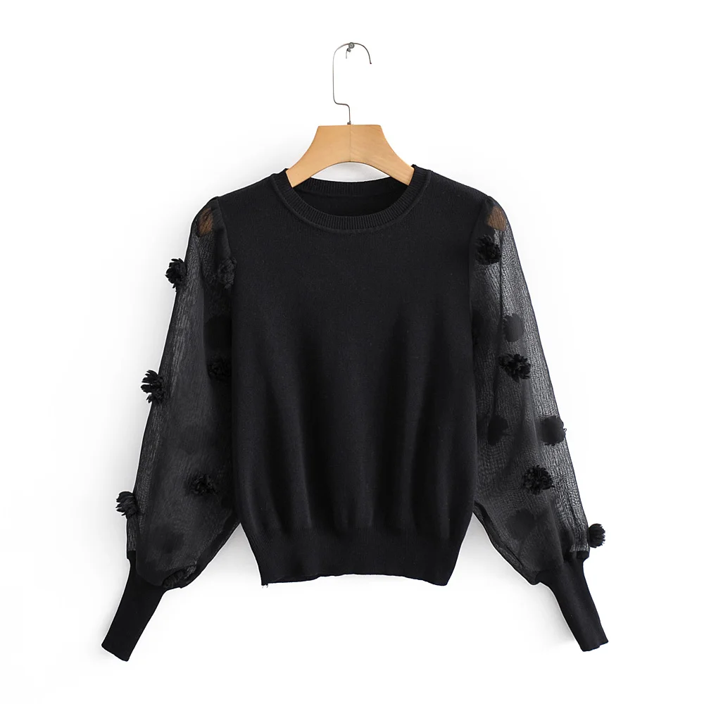 Women thin sweater black o neck spring autumn knitted short style pullover See through long sleeve with ball Drop ship | Женская одежда
