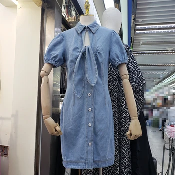 

Mini Bow Jeans Dress Female 2020 Summer Waist Hugging Slim High Waist Slimming Puff Sleeve Short Sexy Dress Women Dresses Runway
