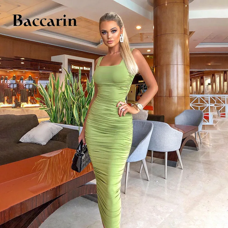 

Baccarin ruched women midi shirt dress bodycon sexy sleeveless elegant party backless streetwear 2020 spring summer clothes club