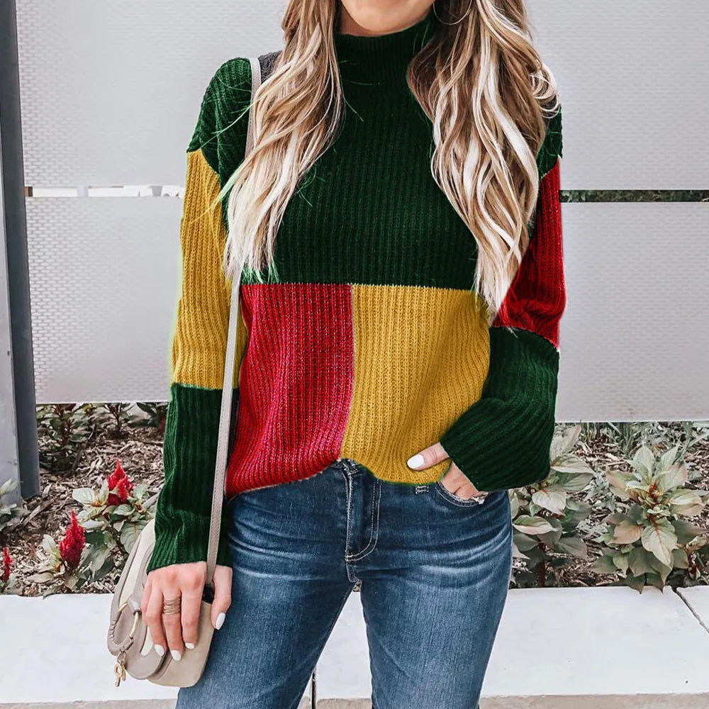 Jaycosin Women Colorblock Stand Long Sleeve Knitted Loose Sweater Tops Casual Quality Attractive Jumper Pullover Top Blouse