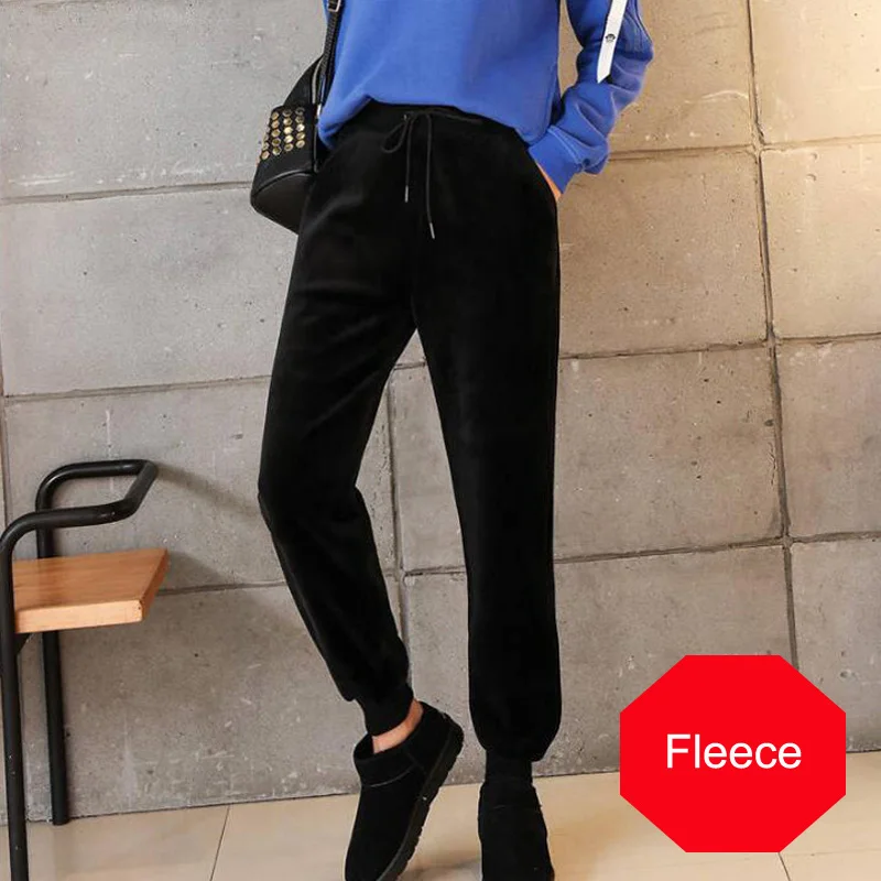 Женские теплые спортивные штаны для бега с эластичной резинкой на талии, спортивные уличные брюки размера плюс, готические брюки с высокой талией, 3XL - Цвет: Black  Fleece