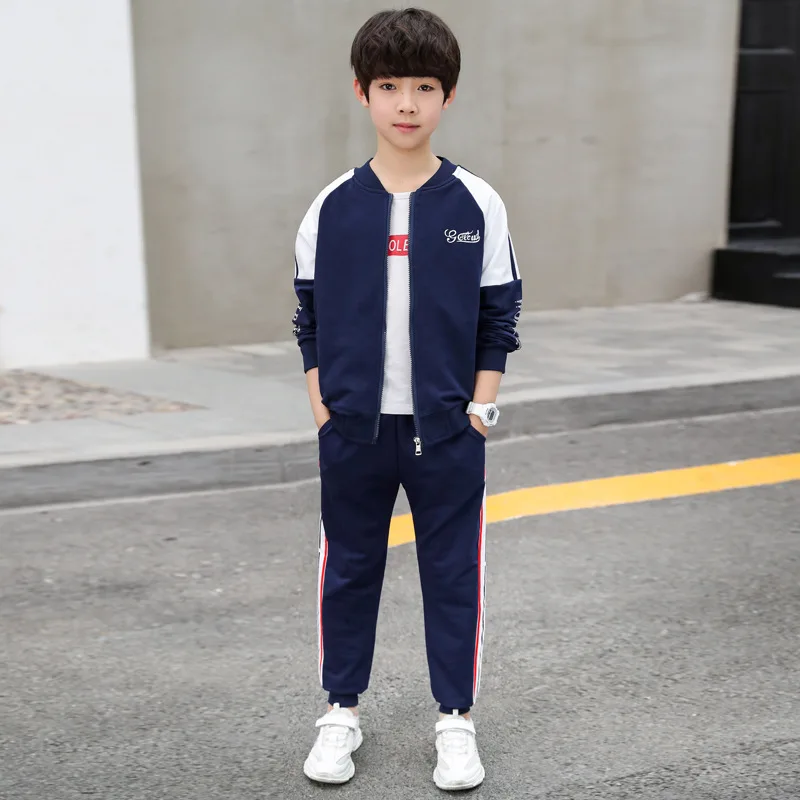 Navy Children's clothing spring autumn new simple boy suit long-sleeved zipper color matching coat+ pants 4-14 baby boy clothes - Цвет: Navy