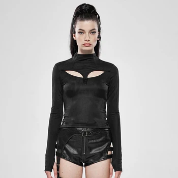 

PUNK RAVE Women Dark Legends Large V-neck Hollow Long Sleeve T-shirt Elastic Striped Knit Long Sleeve Tops