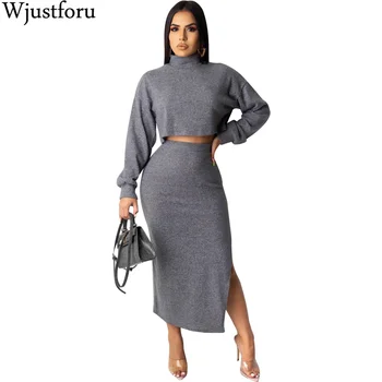 

Wjustforu Winter Wear Casual Two Piece Skirt Women Turtleneck Pullover + Split Long Skirt Female Fashion Elegant Twp Piece Set
