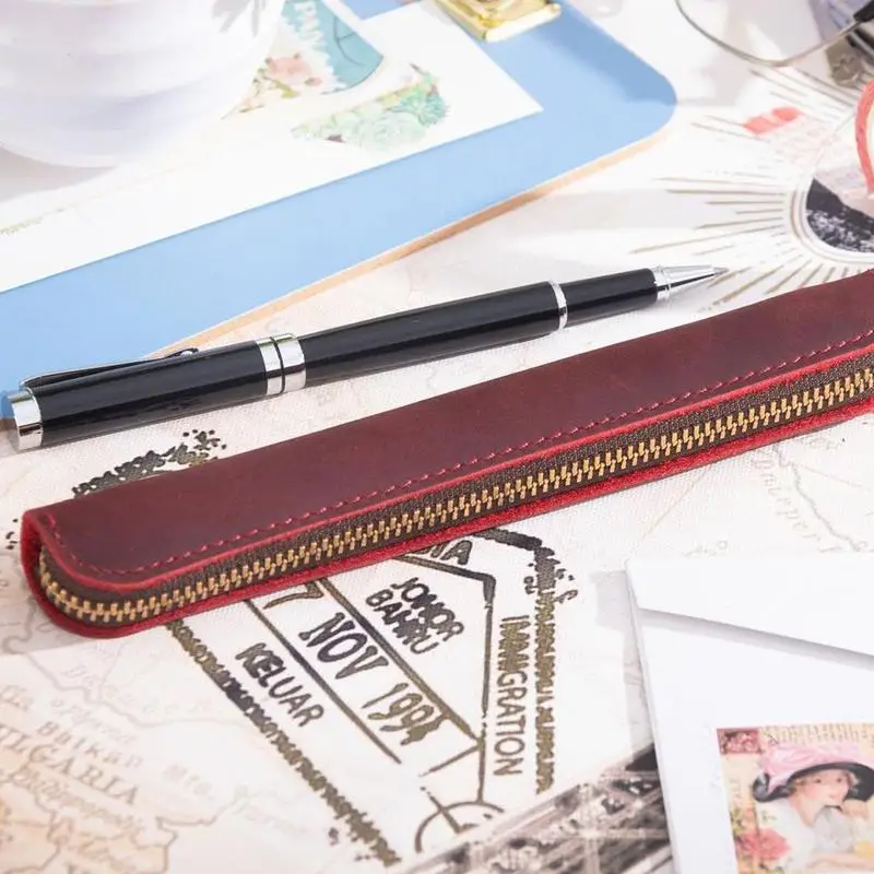 

Retro Simple Pencil Bag Leather Organizer Handwriting Cover Mini Portable Cosmestic Pencil Pencil Case Protective Bag Leath C4D0