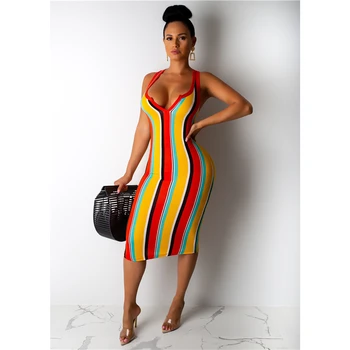 

New Fashion Women V Neck Sleeveless Vest Dress Striped Bodycon Dress Ladies Sexy Midi Sundress Evening Club Party Wear Summer