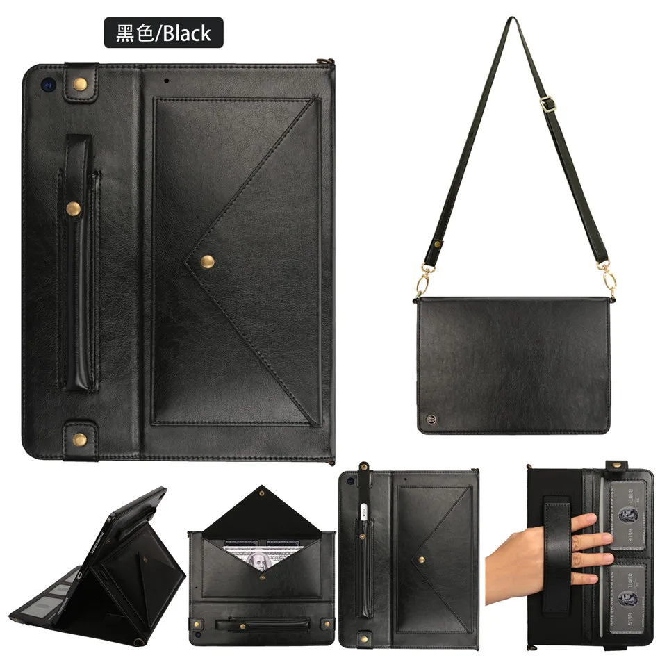 Чехол для iPad 10,2, чехол funda Pencil Holder Для iPad 7 7th gen A2200 A2197, чехол-подставка из искусственной кожи+ плечевой ремень и ремешок на руку - Цвет: Черный