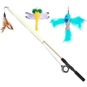 

Cat Feather Teaser Wand Toy,Interactive Retractable Fishing Pole Wand Catcher Exerciser with Assorted Refills Fish, Dragonfly Wo