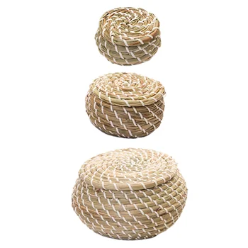 

1 Set Straw Hand Woven Storage Baskets Wicker Baskets with Lid (Assorted Color)