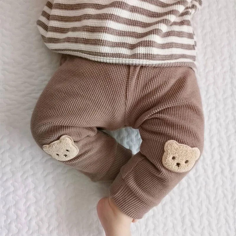 Autumn New Baby Girl Trousers Waffle Bear Embroidery Pants Newborn Baby Boys Clothes Cute Harem Pants