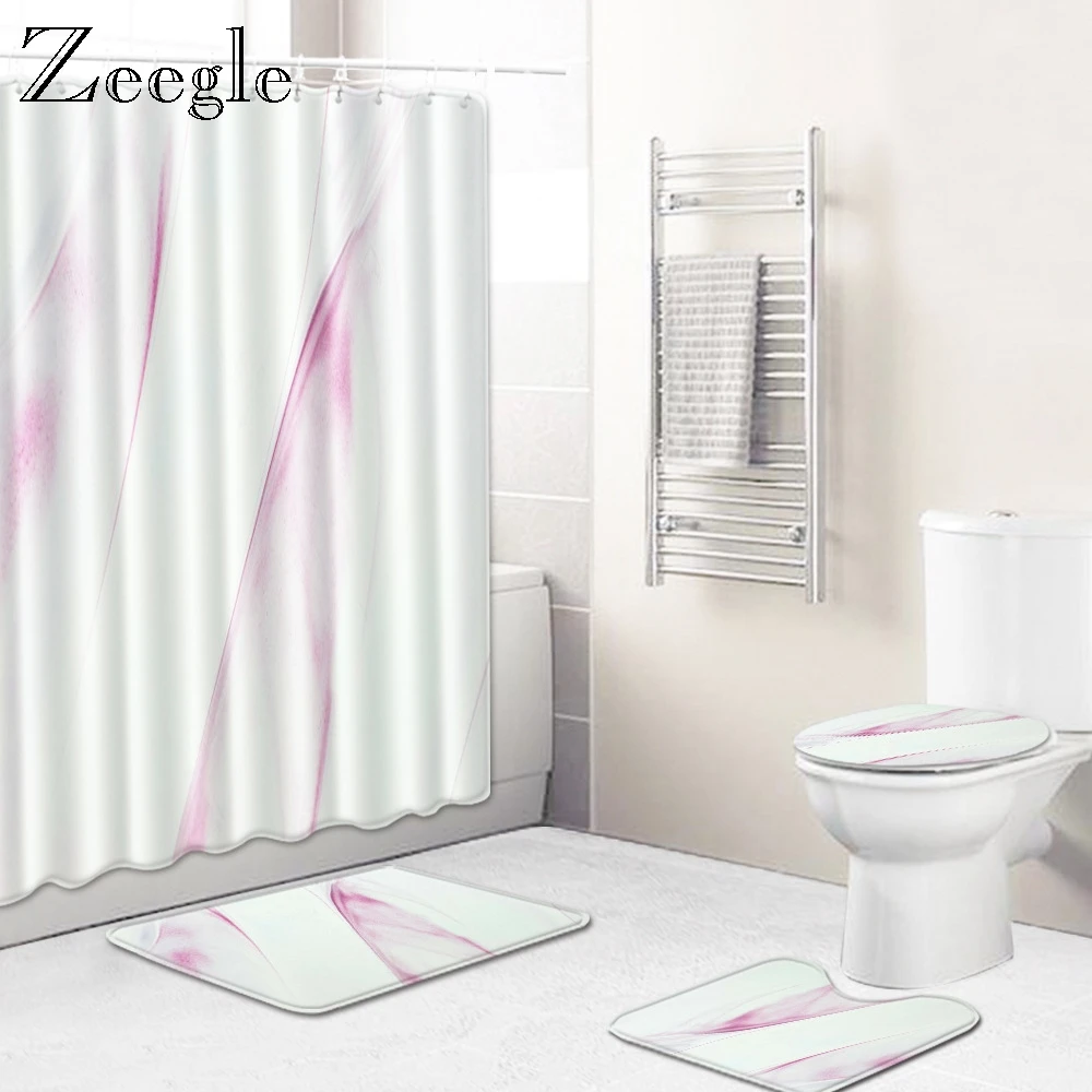 Zeegle Bath Mat Set Toilet Cover Seat Mat Anti Slip Toilet Pedestal Rug Bathroom Shower Doormat Waterproof Toilet Shower Curtain