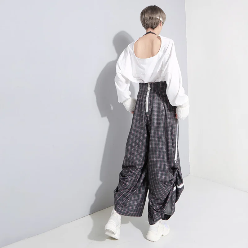 IVRESSE New Harajuku Embroidery Plaid Wide Leg Jumpsuits High Street Plus Backless Sleeveless Women Full Length Jumpsuits