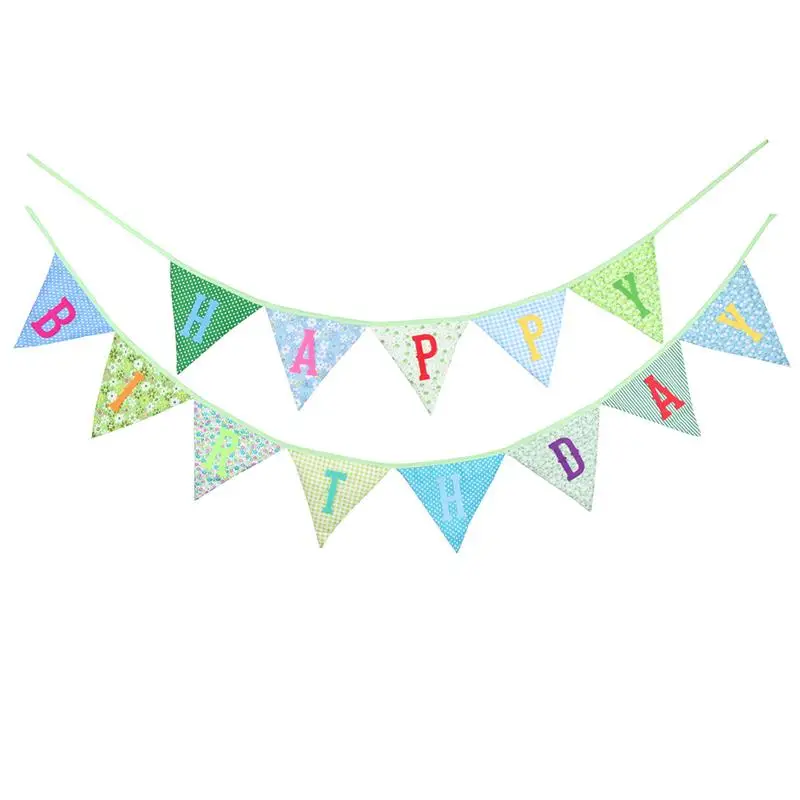 Green Happy Birthday Banner 2.4M Long Double-line Cotton Printed Party Decoration Pennant for Children Kids