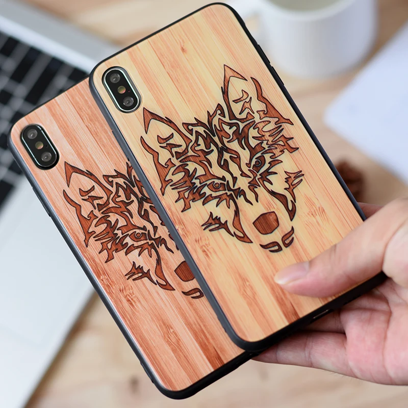 

JASTE personalized wolf totem imitation wood grain tempered glass phone case for iPhone 6 6S 7 8 PLUS X XS XR XS MAX