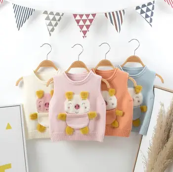 

Wholesale 5PCS/LOT Cute Little Pig Knitted Vest Sweater Pocket Cartoon Children Baby Boys Girl Knitting Vest Sleeveless Outwear