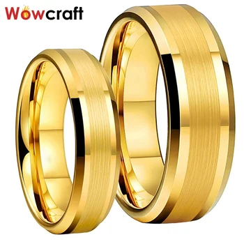 

6mm 8mm Mens Womens Gold Tungsten Carbide Wedding Band Rings Beveled Edges Polished Matted Finish Comfort Fit Personal Customize