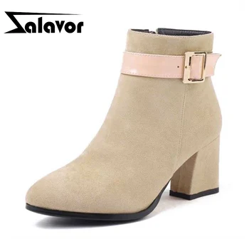 

ZALAVOR Women High Heels Boots Buckle Warm Fur Woman's Shoes Winter Ankle Boots Fashion Zipper Pointed Toe Shoes Size 32-43