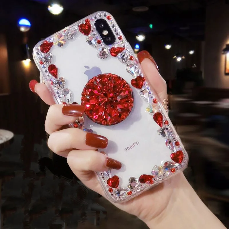 Блестящий Алмазный 3D Держатель подставка Прозрачный чехол для iPhone X XR XS MAX 7 8 6S plus для samsung S8 S9 S10 E чехол для Note