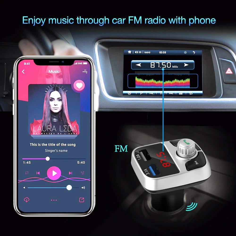 Громкой связи Bluetooth гарнитура для Автомобильный MP3-плеер Беспроводной аудио ресивер FM-передатчик Bluetooth автомобильный набор, свободные руки, u-диск TF AUX двойной зарядное устройство USB адаптер