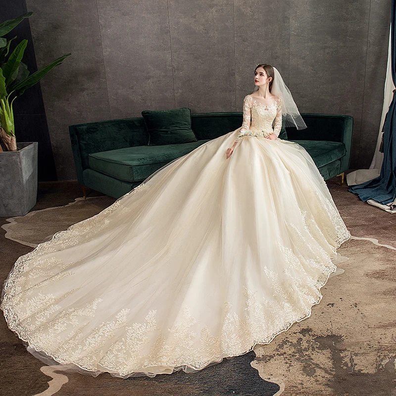 New Spring White Ivory Champagne Wedding Dresses With Sleeve Illusion Long Appliques Lace Embroidery Ball Gowns vestido De Noiva 4